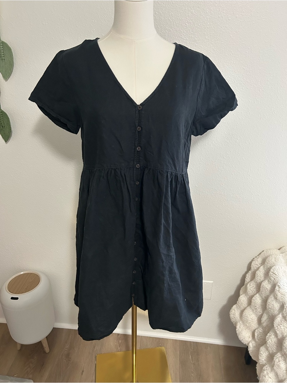 Madewell Black V-Neck Button Front Linen Blend Mini Dress